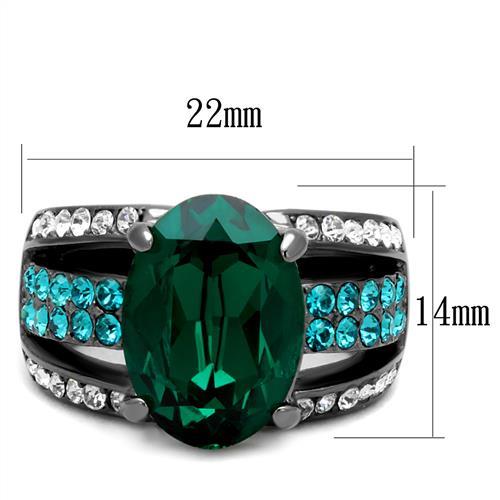 IP Light Black  (IP Gun) Stainless Steel Ring with Top Grade Crystal  in Emerald