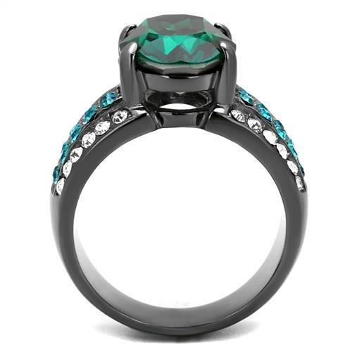 IP Light Black  (IP Gun) Stainless Steel Ring with Top Grade Crystal  in Emerald