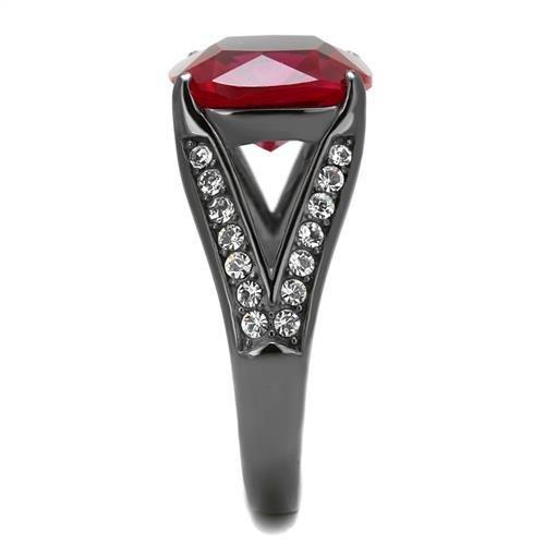 IP Light Black  (IP Gun) Stainless Steel Ring with Synthetic Corundum in Ruby