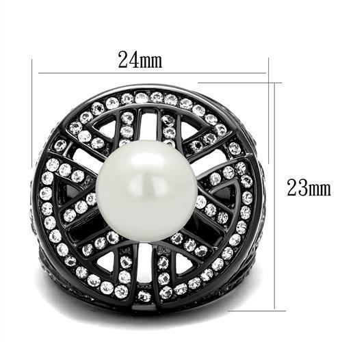 IP Light Black  (IP Gun) Stainless Steel Ring with Synthetic Pearl in White