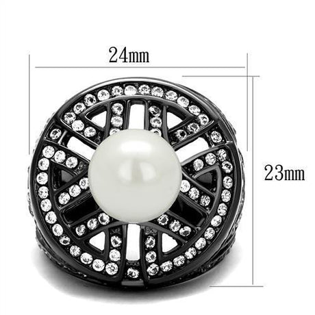 IP Light Black  (IP Gun) Stainless Steel Ring with Synthetic Pearl in White