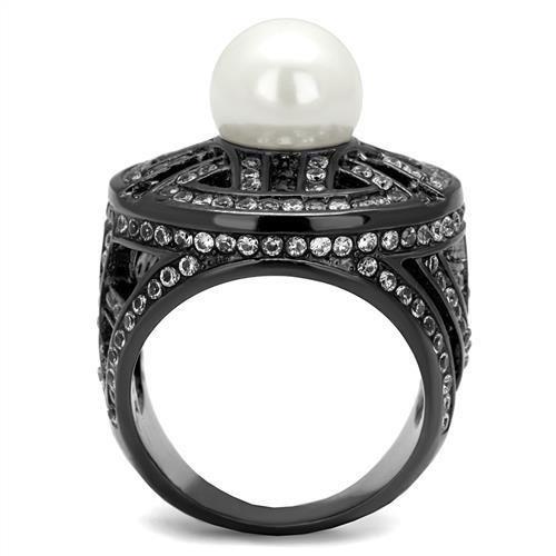 IP Light Black  (IP Gun) Stainless Steel Ring with Synthetic Pearl in White