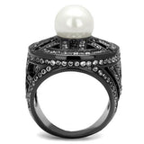 IP Light Black  (IP Gun) Stainless Steel Ring with Synthetic Pearl in White