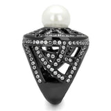 IP Light Black  (IP Gun) Stainless Steel Ring with Synthetic Pearl in White