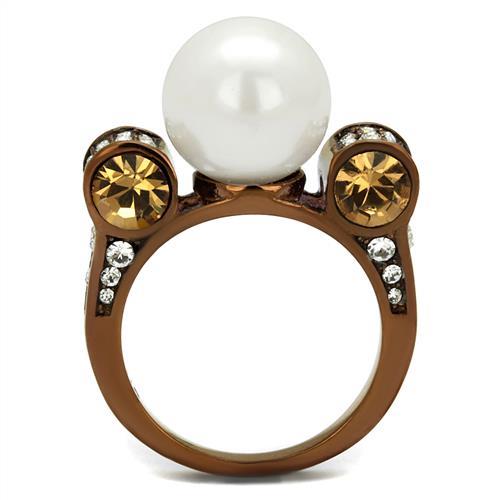 IP Coffee light Stainless Steel Ring with Synthetic Pearl in White