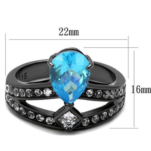 IP Light Black  (IP Gun) Stainless Steel Ring with AAA Grade CZ  in Sea Blue