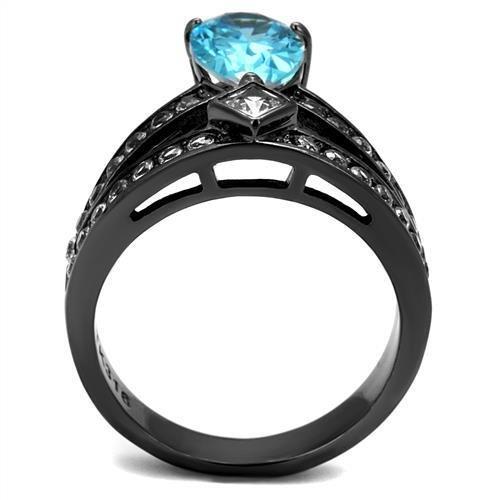 IP Light Black  (IP Gun) Stainless Steel Ring with AAA Grade CZ  in Sea Blue