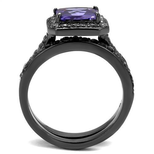 IP Light Black  (IP Gun) Stainless Steel Ring with AAA Grade CZ  in Tanzanite