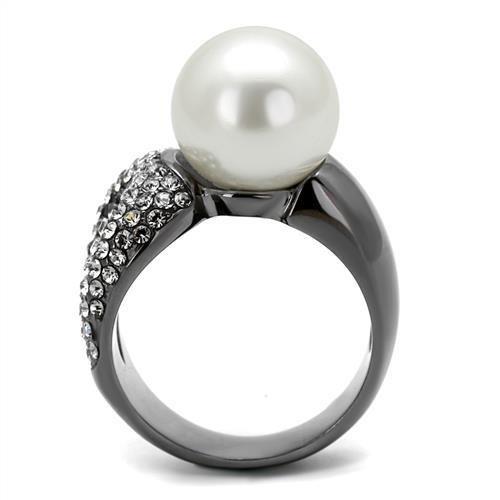 IP Light Black  (IP Gun) Stainless Steel Ring with Synthetic Pearl in White