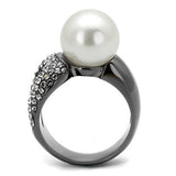 IP Light Black  (IP Gun) Stainless Steel Ring with Synthetic Pearl in White