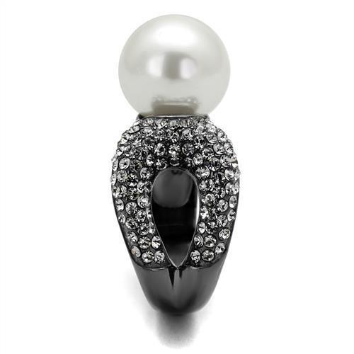 IP Light Black  (IP Gun) Stainless Steel Ring with Synthetic Pearl in White