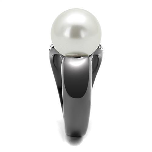 IP Light Black  (IP Gun) Stainless Steel Ring with Synthetic Pearl in White