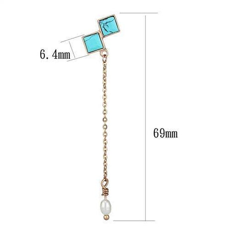 IP Rose Gold(Ion Plating) Stainless Steel Earrings with Synthetic Turquoise in Sea Blue