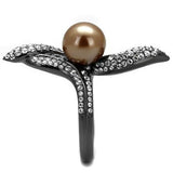 IP Light Black  (IP Gun) Stainless Steel Ring with Synthetic Pearl in Brown