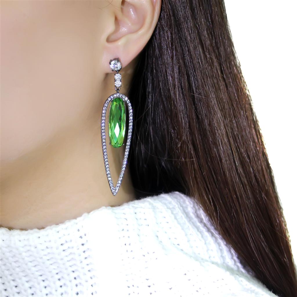IP Light Black  (IP Gun) Stainless Steel Earrings with Top Grade Crystal  in Peridot