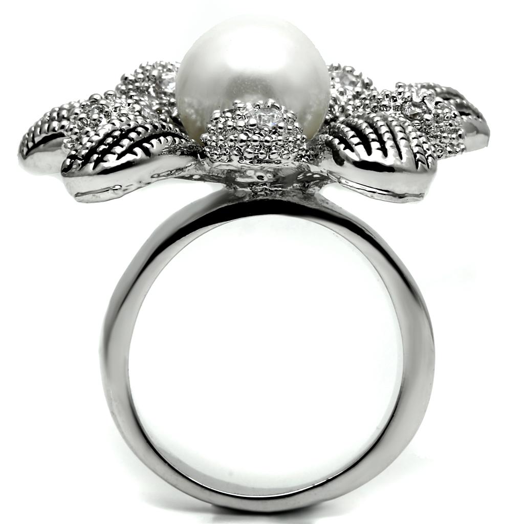 High polished (no plating) Stainless Steel Ring with Synthetic Pearl in White