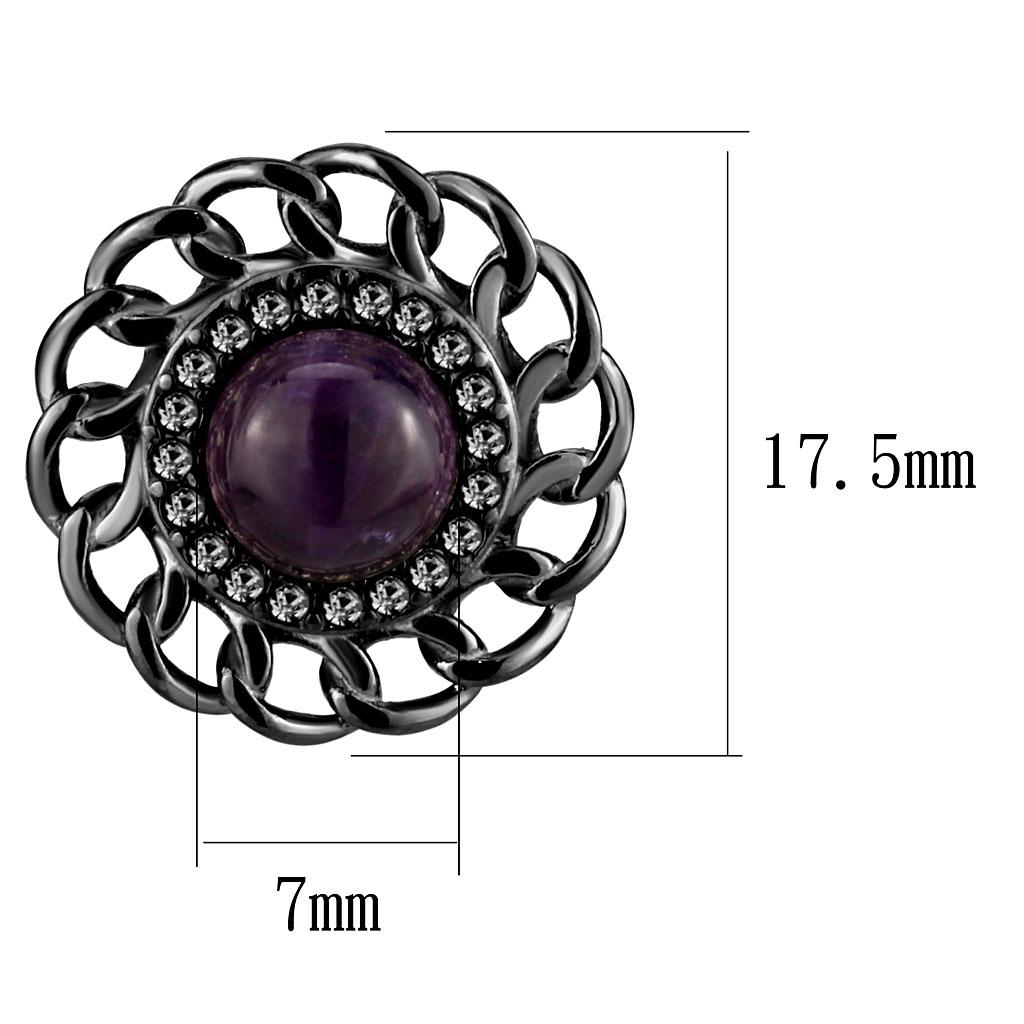 IP Light Black  (IP Gun) Stainless Steel Earrings with Semi-Precious Amethyst Crystal in Amethyst