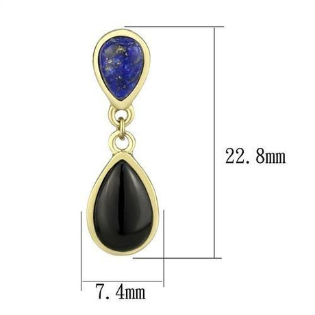 IP Gold(Ion Plating) Stainless Steel Earrings with Semi-Precious Onyx in Jet