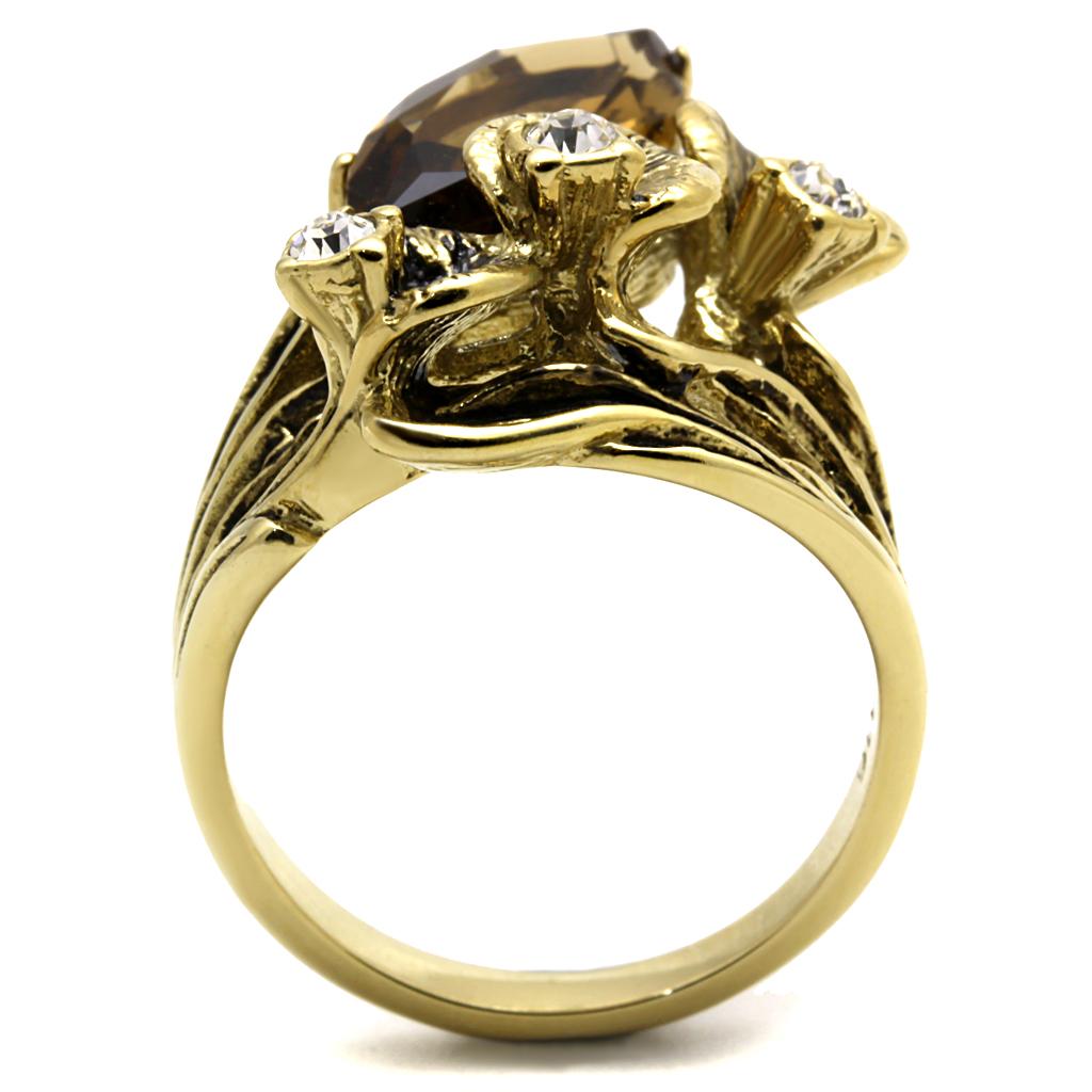 IP Gold(Ion Plating) Stainless Steel Ring with Synthetic Synthetic Glass in Brown