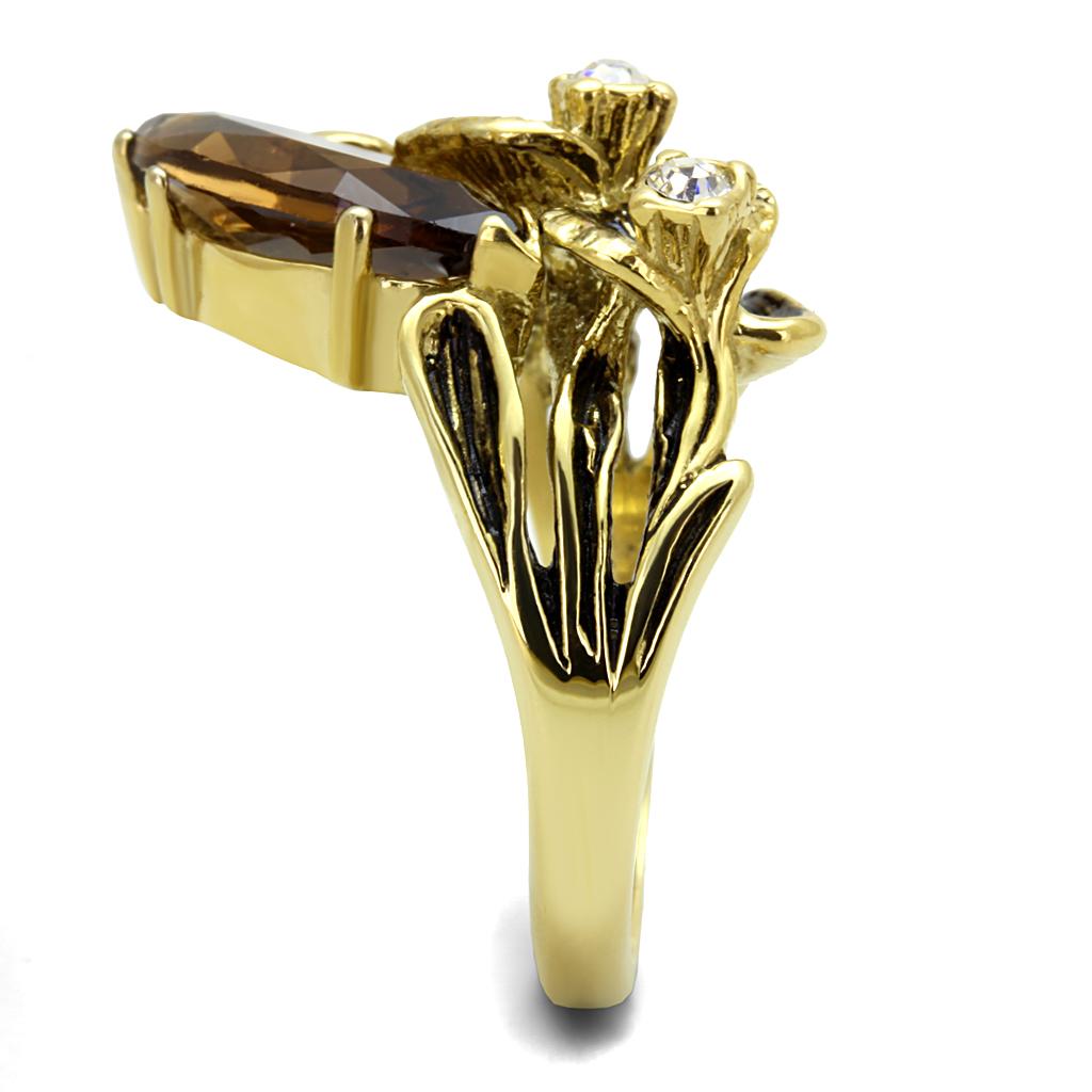 IP Gold(Ion Plating) Stainless Steel Ring with Synthetic Synthetic Glass in Brown