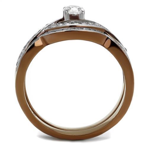 Two Tone IP Light Brown (IP Light coffee) Stainless Steel Ring with AAA Grade CZ  in Clear