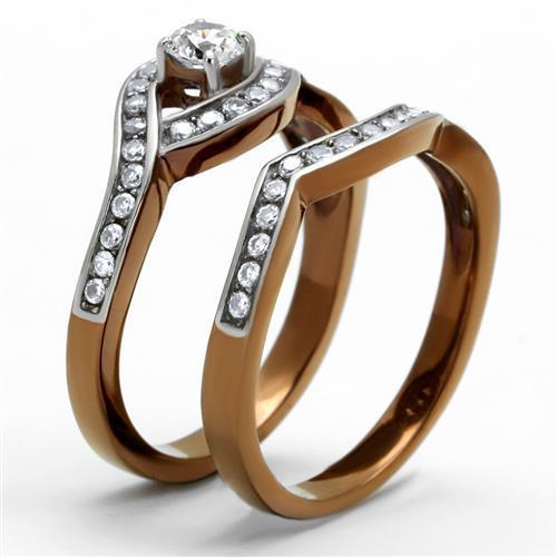 Two Tone IP Light Brown (IP Light coffee) Stainless Steel Ring with AAA Grade CZ  in Clear