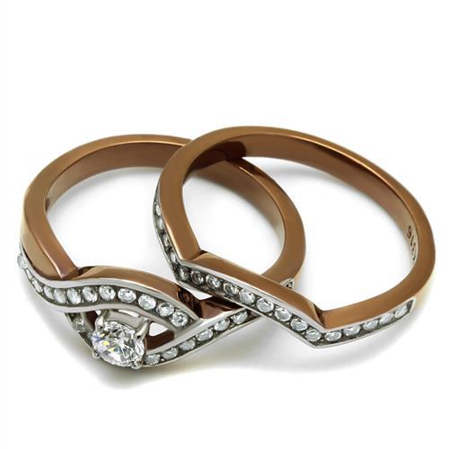 Two Tone IP Light Brown (IP Light coffee) Stainless Steel Ring with AAA Grade CZ  in Clear