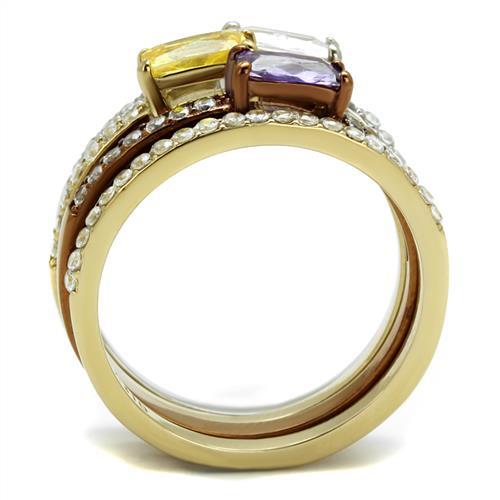 Three Tone (IP Gold & IP Light coffee & High Polished) Stainless Steel Ring with AAA Grade CZ  in Multi Color