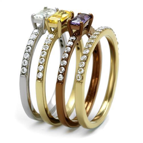 Three Tone (IP Gold & IP Light coffee & High Polished) Stainless Steel Ring with AAA Grade CZ  in Multi Color