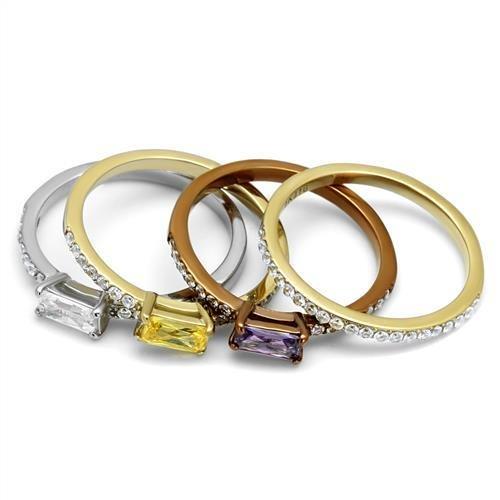 Three Tone (IP Gold & IP Light coffee & High Polished) Stainless Steel Ring with AAA Grade CZ  in Multi Color