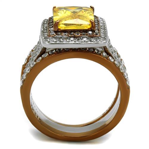 Two Tone IP Light Brown (IP Light coffee) Stainless Steel Ring with AAA Grade CZ  in Topaz
