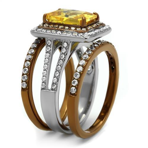 Two Tone IP Light Brown (IP Light coffee) Stainless Steel Ring with AAA Grade CZ  in Topaz