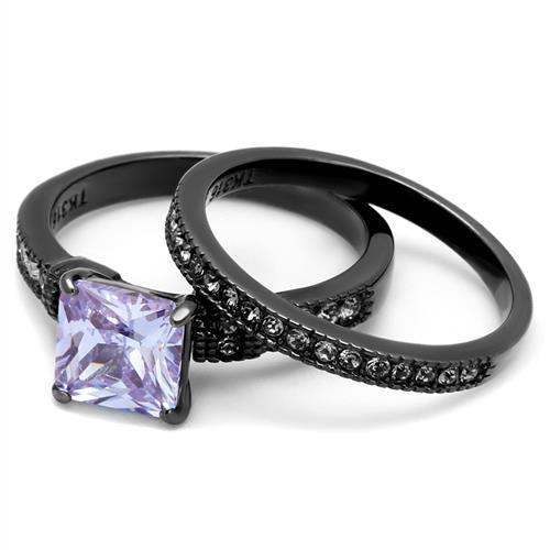 IP Light Black  (IP Gun) Stainless Steel Ring with AAA Grade CZ  in Light Amethyst