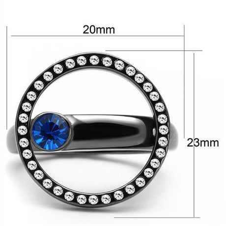 IP Light Black  (IP Gun) Stainless Steel Ring with Top Grade Crystal  in Capri Blue