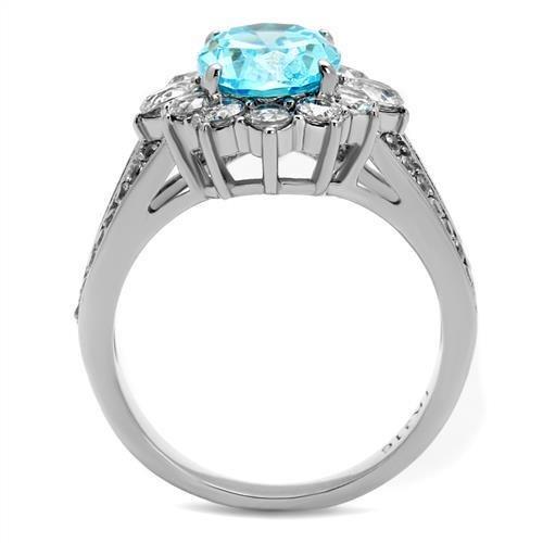 High polished (no plating) Stainless Steel Ring with AAA Grade CZ  in Sea Blue