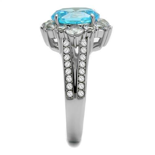 High polished (no plating) Stainless Steel Ring with AAA Grade CZ  in Sea Blue