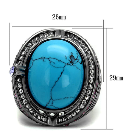 IP Light Black  (IP Gun) Stainless Steel Ring with Synthetic Turquoise in Sea Blue
