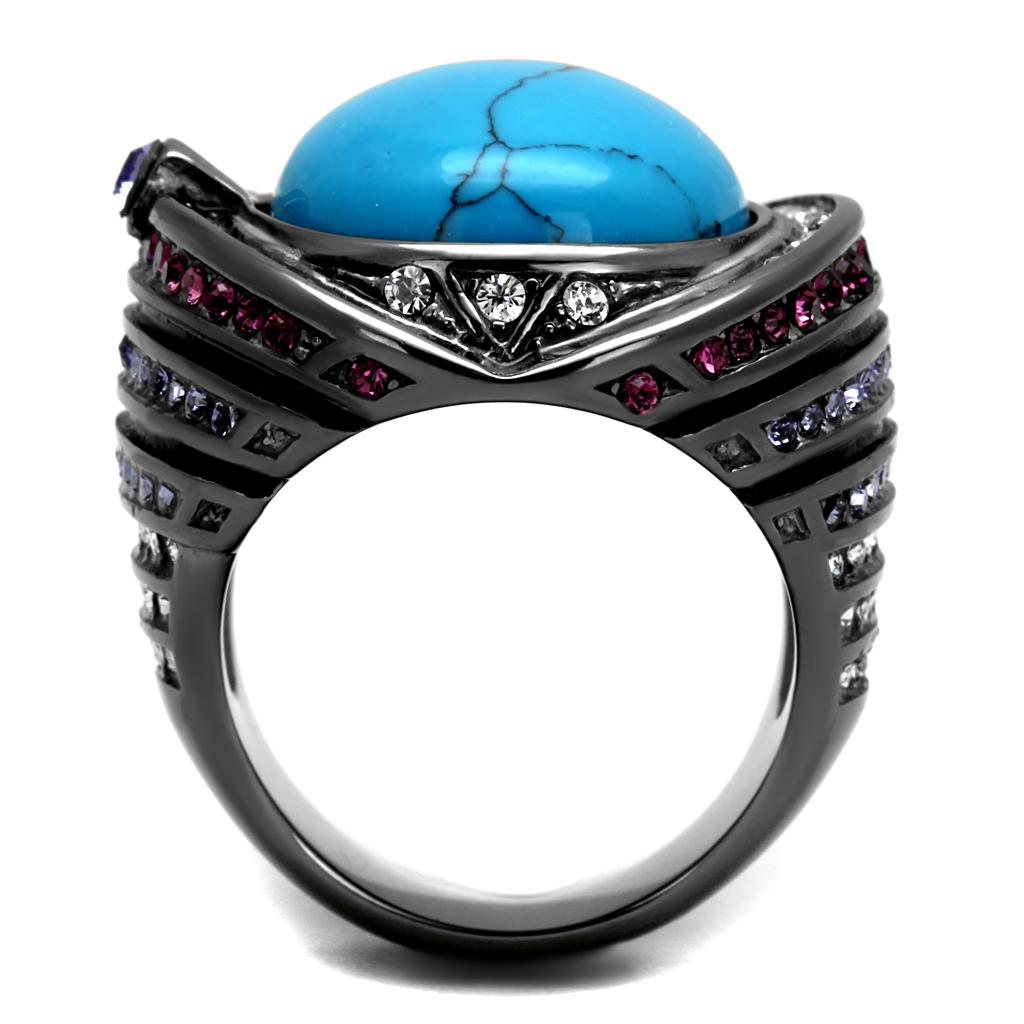 IP Light Black  (IP Gun) Stainless Steel Ring with Synthetic Turquoise in Sea Blue