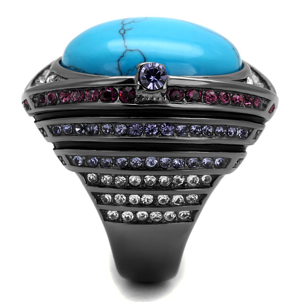 IP Light Black  (IP Gun) Stainless Steel Ring with Synthetic Turquoise in Sea Blue