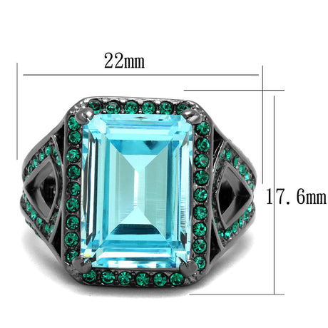 IP Light Black  (IP Gun) Stainless Steel Ring with Top Grade Crystal  in Sea Blue