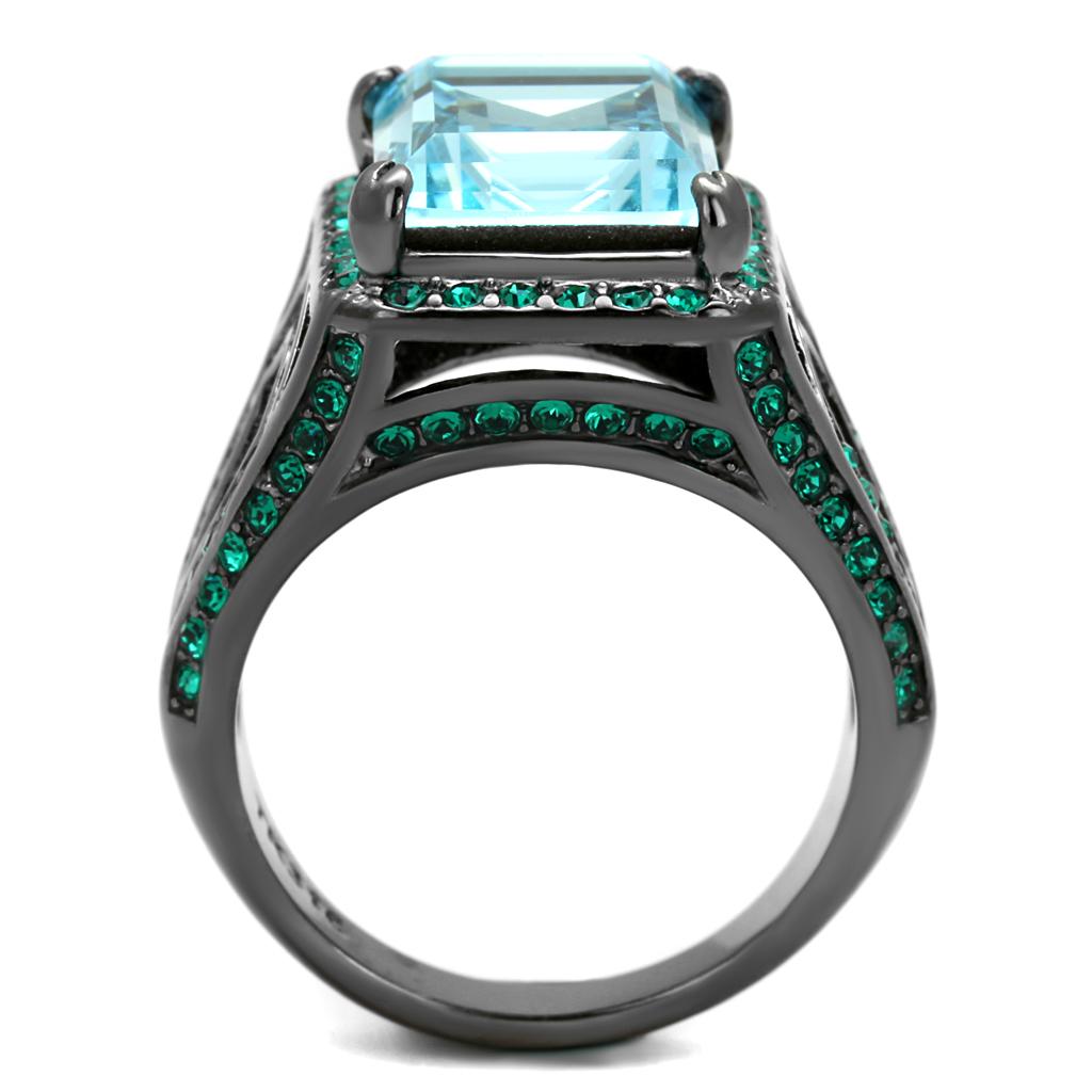 IP Light Black  (IP Gun) Stainless Steel Ring with Top Grade Crystal  in Sea Blue