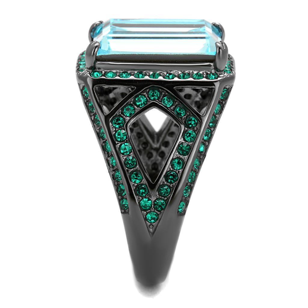 IP Light Black  (IP Gun) Stainless Steel Ring with Top Grade Crystal  in Sea Blue