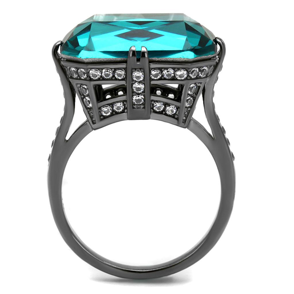 IP Light Black  (IP Gun) Stainless Steel Ring with Top Grade Crystal  in Blue Zircon