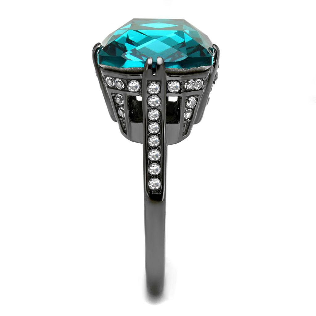 IP Light Black  (IP Gun) Stainless Steel Ring with Top Grade Crystal  in Blue Zircon