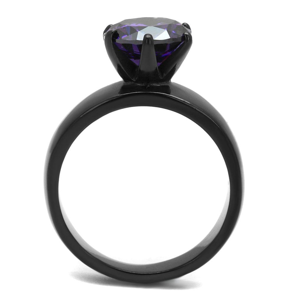 IP Black(Ion Plating) Stainless Steel Ring with AAA Grade CZ  in Amethyst