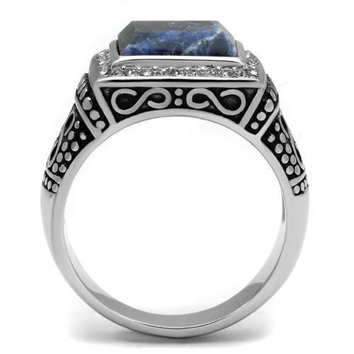 High polished (no plating) Stainless Steel Ring with Semi-Precious Sodalite in Capri Blue