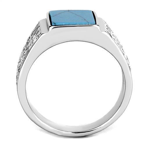 High polished (no plating) Stainless Steel Ring with Synthetic Turquoise in Sea Blue