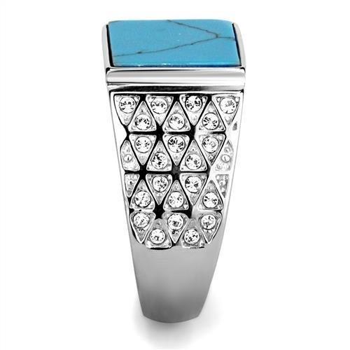 High polished (no plating) Stainless Steel Ring with Synthetic Turquoise in Sea Blue