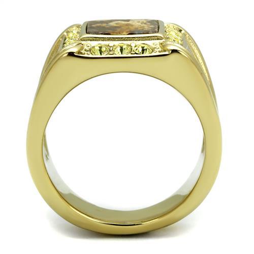 IP Gold(Ion Plating) Stainless Steel Ring with Semi-Precious Oligoclase in Smoked Quartz