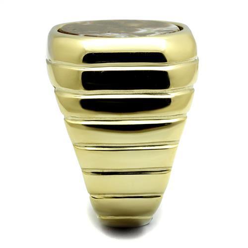 IP Gold(Ion Plating) Stainless Steel Ring with Semi-Precious Oligoclase in Smoked Quartz